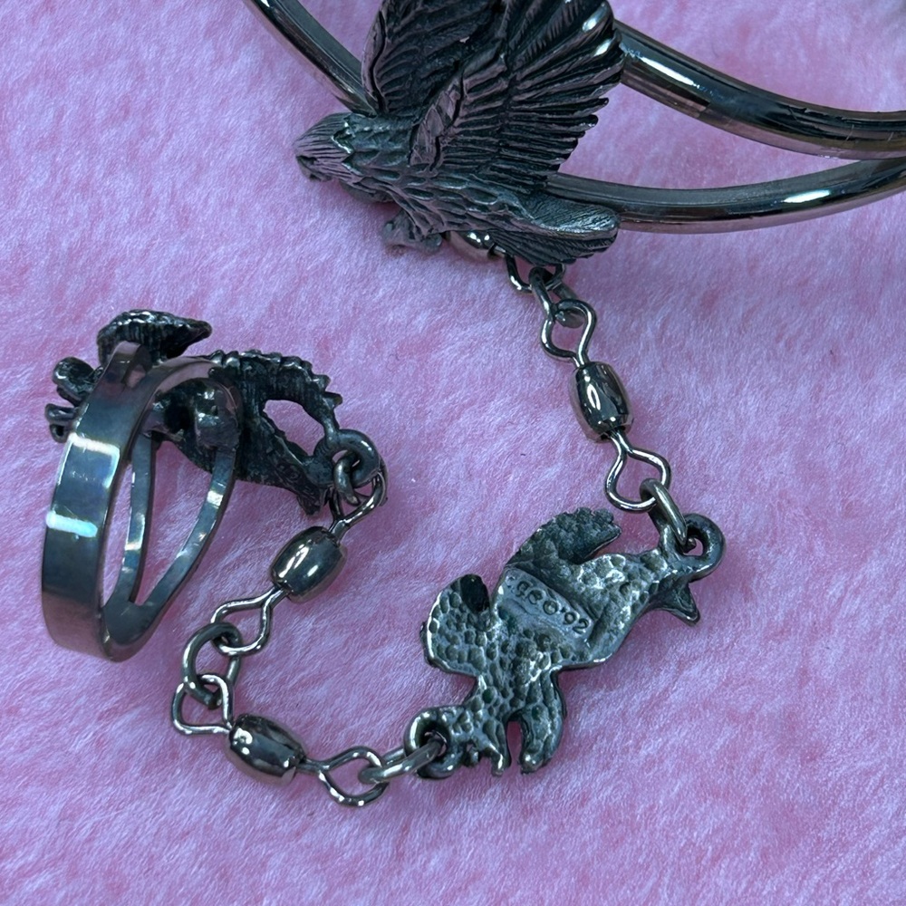 EJC 1992 Vintage Silver Eagle Slave Cuff Bracelet and Ring - Picture 5 of 13